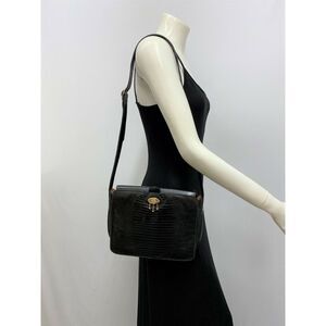 Vintage Colicuer Leather Purse Black Lizard Grain Gold Tone Metal GG With Chains